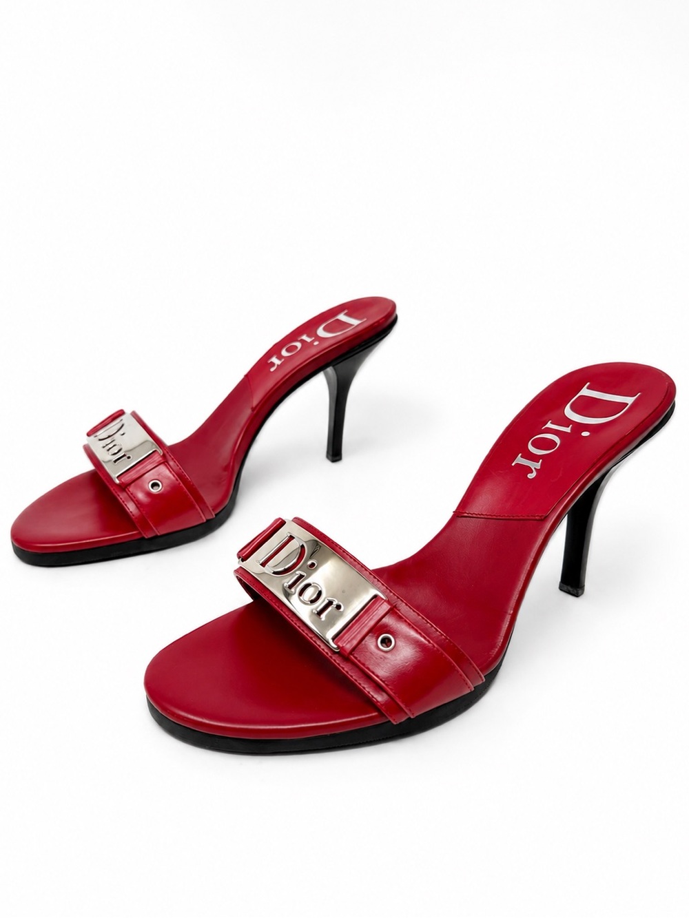 Christian Dior Vintage Logo Slide Mule Heels Red Leather Womens Size EU 37.5